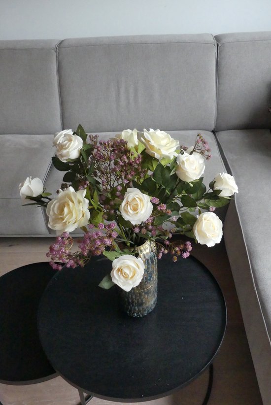 DAX Flowers - Decoratie boeket - Zijden Bloemen Kunstboeket - Kustbloemen Boeket voor binnen - 17 stelen - Rondboeket-50-60 cm