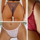 3 Pack - Luxe Dames String met Kant - Rood, Nude & Wit - Sexy Lingerie Dames / Ondergoed Set Vrouw - High Waist - Maat L