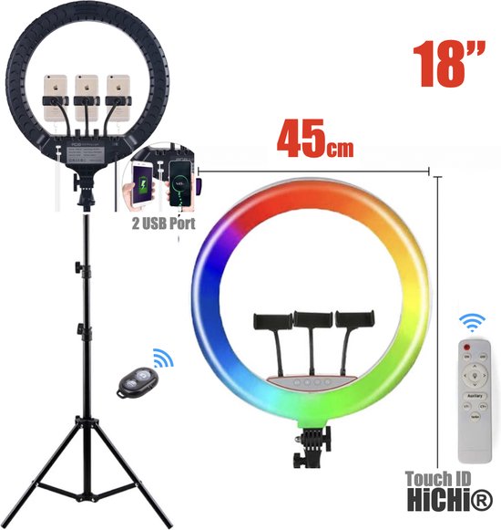 Ring Light 44Cm met Statief 210 CM Incl. Spiegel en Bluetooth afstandsbediening - Ringflitser met statief - LED Ring Light - flitser - Make-up Lamp - Studiolamp – FotoStudio - TicTok - Selfie Ring Lamp - LED Soft Ring Light – Ringlamp RL-18II FAIRCO