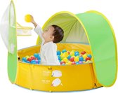 Ballen Bak Tent - 4-in-1 kinderbadje, ballenbad, speeltent, strandschelp voor baby, ballenbad met basketbalmand, zonwering, babyzwembad, strandtent voor baby's, voor binnen en buiten, tuin, strand