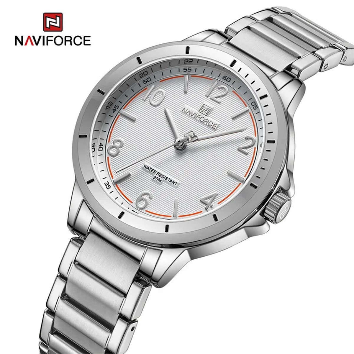 NAVIFORCE horloge met zilveren stalen polsband, witte wijzerplaat, zilveren horlogekast en zilveren wijzers, voor dames met stijl ( model 5021 SWS )