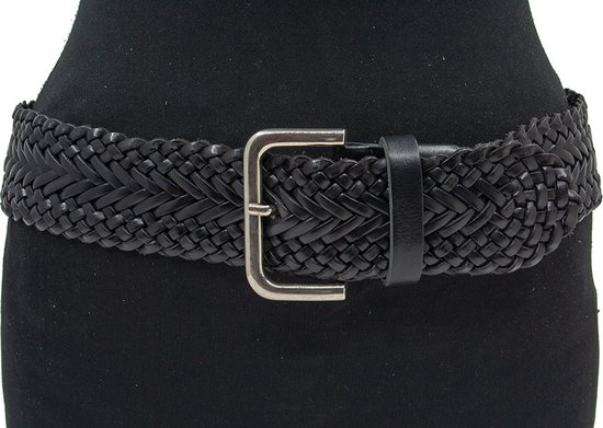 Thimbly Belts Dames gevlochten riem zwart - dames riem - 6 cm breed - Zwart - Echt Leer - Taille: 90cm - Totale lengte riem: 105cm