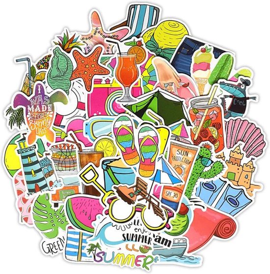 Zomer, Zon & Strand Stickers – Vinyl Summer Vibes pakket – 50 Stickers voor Laptop, Drinkbeker, Decoratie etc.