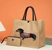 Teckel - sac de transport avec teckel - sac de transport - aspect jute - aspect lin - imprimé teckel - avec pochette - chien - sac - shopper