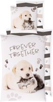 Dierenprint Kinderbeddengoed - Glow in the Dark - Puppy en Kitten Motief - Forever Together - 135 x 200 cm - Kussenovertrek 80 x 80 cm - 100% Katoen - OEKO-TEX® Gecertificeerd