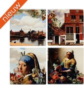 4 onderzetters Johannes Vermeer - Heinen Delfts Blauw - meisje met de parel - melkmeisje -zicht op Delft - straatje