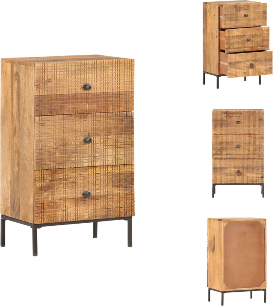 VidaXL Dressoir Vintage Style Massief mangohout en staal 45 x 30 x 75 cm Handgesneden delen Keukenkast