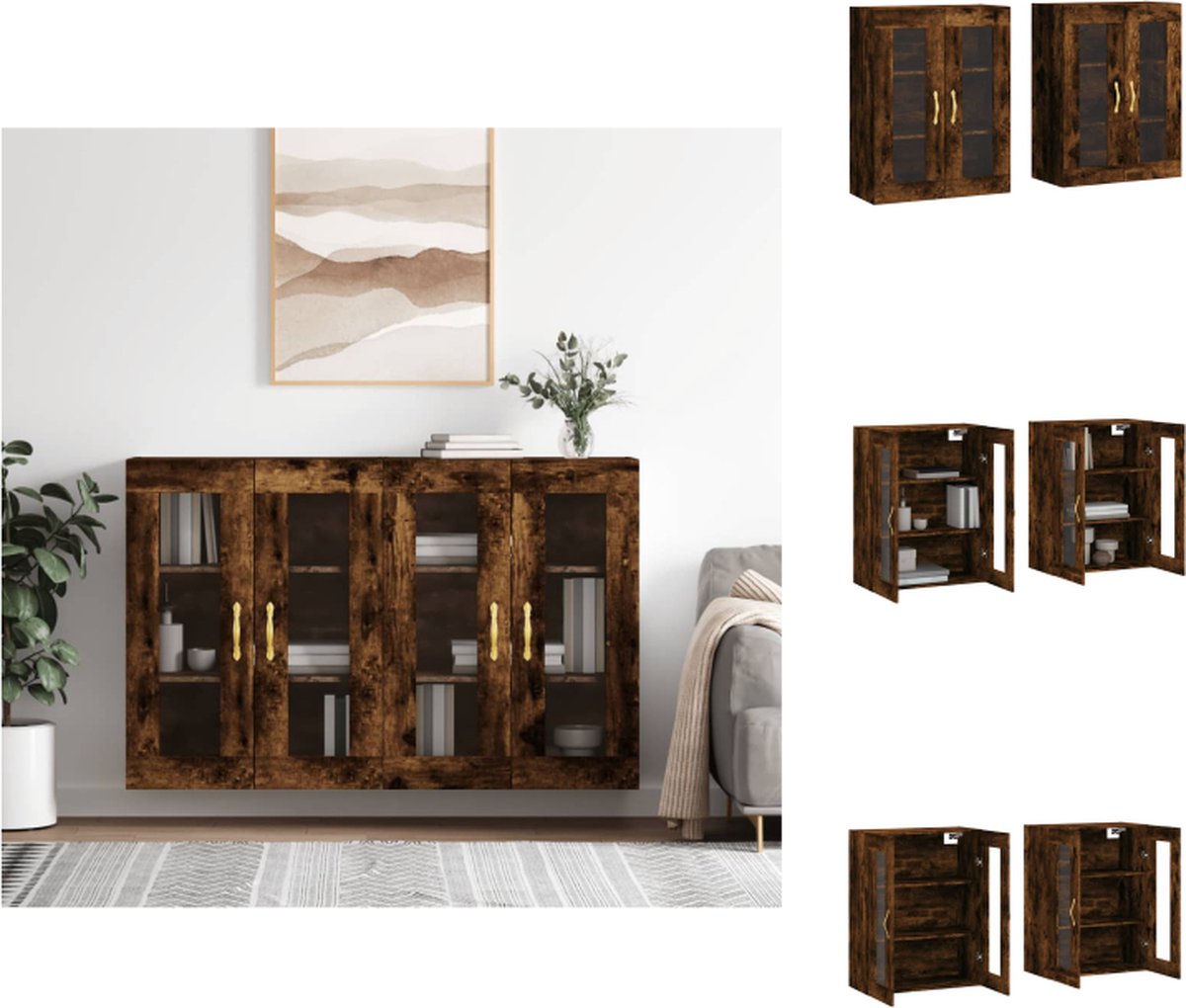 VidaXL Wandkast Hangkast 69.5 x 34 x 90 cm Gerookt Eiken Bewerkt Hout en Glas Keukenkast