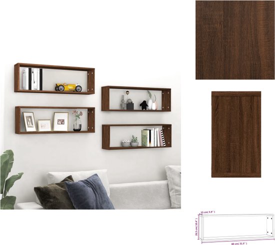 vidaXL Cube mural - Cubes muraux - Étagère cube - Ensemble d'étagères - Étagères murales Cube 4 pcs 80x15x26-5 cm Bois Couleur chêne marron