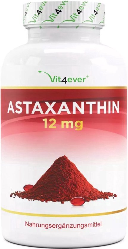 Vit4ever Astaxanthine 12 mg: pot met rode astaxanthinepoeder en capsules.