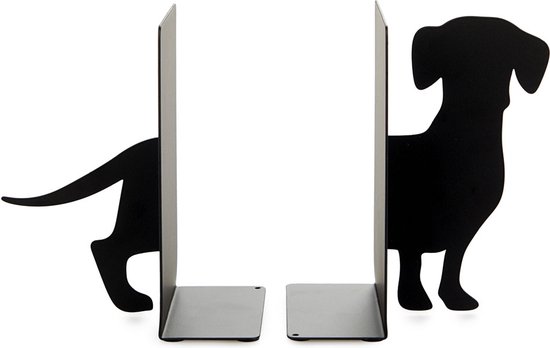 Zwarte metalen boekensteunen in de vorm van een teckel, met één deel dat vooruitsteekt en de staart aan de andere kant.
