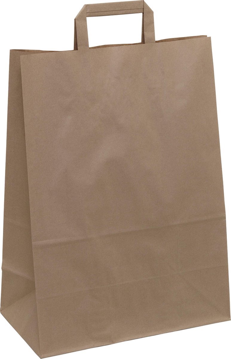 KURTT - Papieren Draagtassen - 22x10x28cm - Bruin - 50 stuks / papieren tassen Kraft Papieren Tasjes Met Handvat/ Cadeautasjes met vlak handgrepen / Zakjes/ Milieuvriendelijk / BIO / Take Away