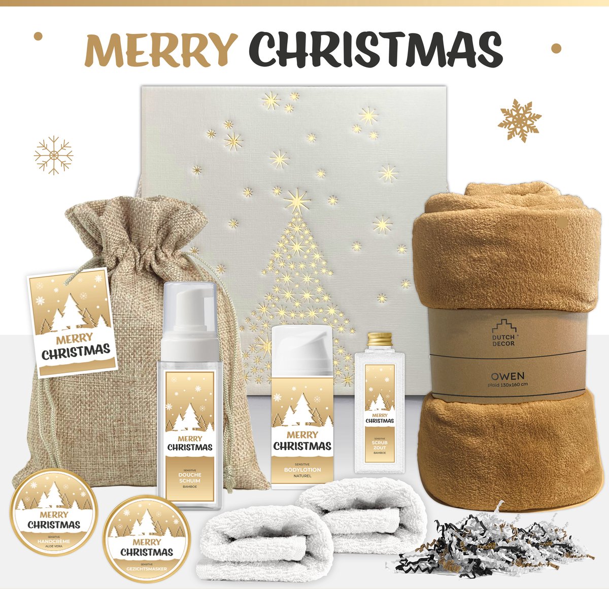 Goedkoopste Geschenkset “Merry Christmas!” - 9 producten - 1200 gram | Luxe Kerst Cadeaubox Kerstboom - Wellness Kerstpakket Fleecedeken - Kerstcadeautje Speciaal voor jou - Kerst Cadeau Pakket Medewerker Vrijwilliger - Gift Fijne Kerstdagen Feestdagen -Wit Goud