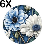 BWK Luxe Ronde Placemat - Kunstige Wit met Blauwe Bloemen - Set van 6 Placemats - 50x50 cm - 2 mm dik Vinyl - Anti Slip - Afneembaar