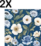 BWK Textiele Placemat - Blauw - Wit - Bloemen Patroon - Set van 2 Placemats - 40x40 cm - Polyester Stof - Afneembaar