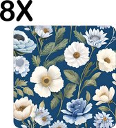 BWK Luxe Placemat - Blauw - Wit - Bloemen Patroon - Set van 8 Placemats - 40x40 cm - 2 mm dik Vinyl - Anti Slip - Afneembaar