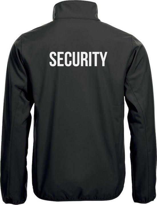Achterkant van een zwarte softshell jas met 'SECURITY' in witte letters op de rug.