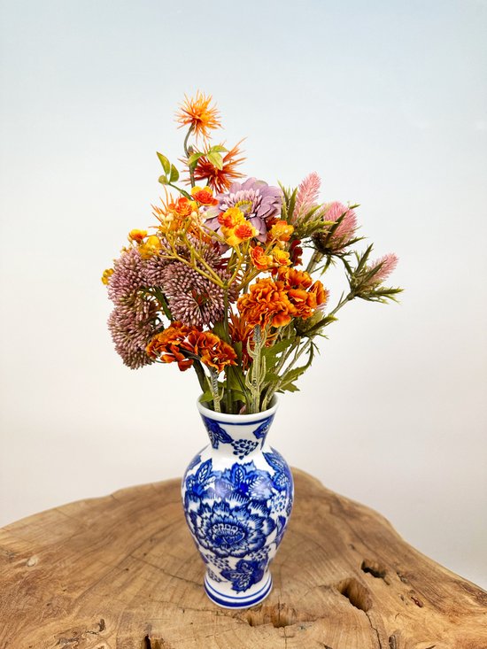 Zijden bloemen boeket “Old Blue” | 35 cm | Exclusief vaas | Prachtige gedetailleerde bloemen | Jarenlang mooi