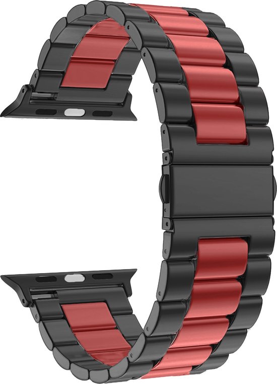 By Qubix Stalen schakelband - Zwart met rood - Geschikt voor Apple Watch 42 - 44 - 45 - Ultra - 49mm - Compatible Apple watch bandje - smartwatch