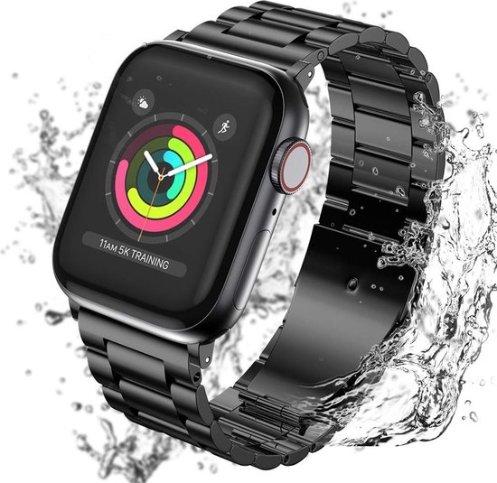 By Qubix Stalen schakelband - Zwart met rood - Geschikt voor Apple Watch 42 - 44 - 45 - Ultra - 49mm - Compatible Apple watch bandje - smartwatch