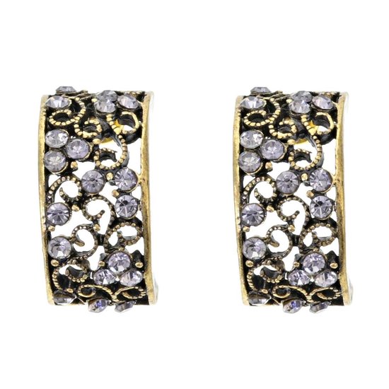 Behave Oorbellen - oorstekers - dames - mat goud kleur - in de vorm van een halve oorring - vintage design - met steentjes - 1.8cm