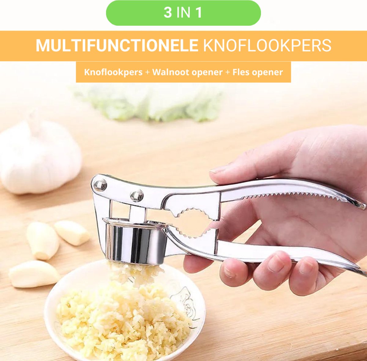 Multifunctionele Knoflookpers (3 IN 1) Walnoot opener en Fles opener RVS Ovaal Zilver