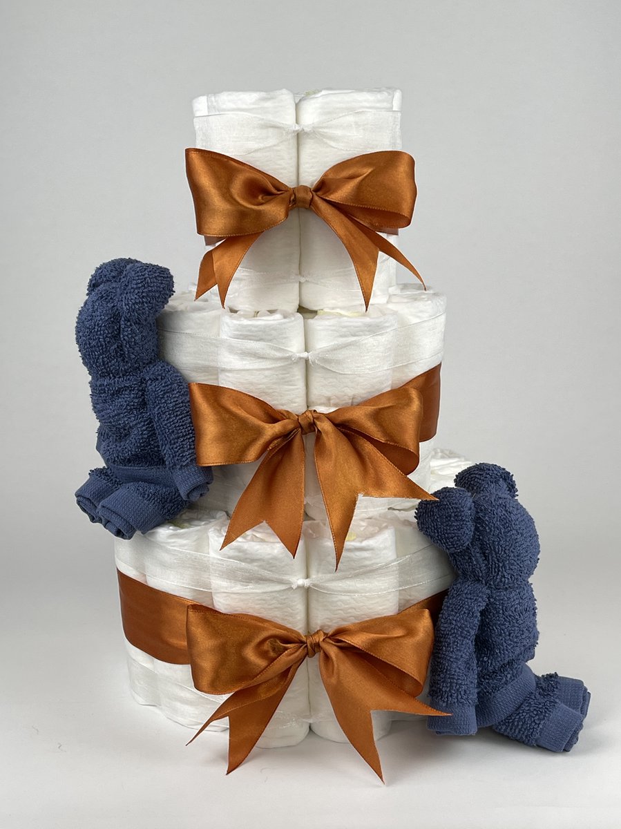 Chouette-Chouette | Luiertaart Jongen | Kraamcadeau | Geboorte Jongen | Babyshower | Beren Silk blauw - Koper