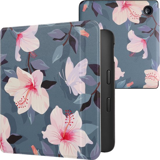 kwmobile hoes geschikt voor Kobo Libra 2 - Magnetische sluiting - E reader cover in wit / poederroze / paars - Fuchsia bloemen design