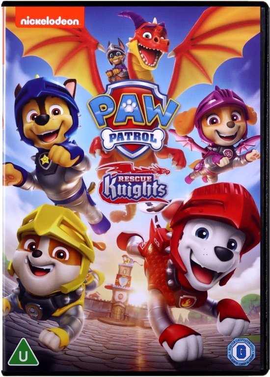 Voorkant van de PAW Patrol Rescue Knights DVD, met Chase, Marshall, Skye en Rubble in ridderharnassen, en een draak met Ryder en de pups.