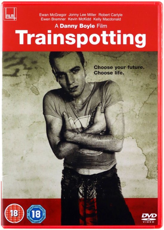 Ewan McGregor, 'Trainspotting' film poster. Hij draagt een t-shirt en broek met patroon. Tekst: 'Choose your future. Choose life.'