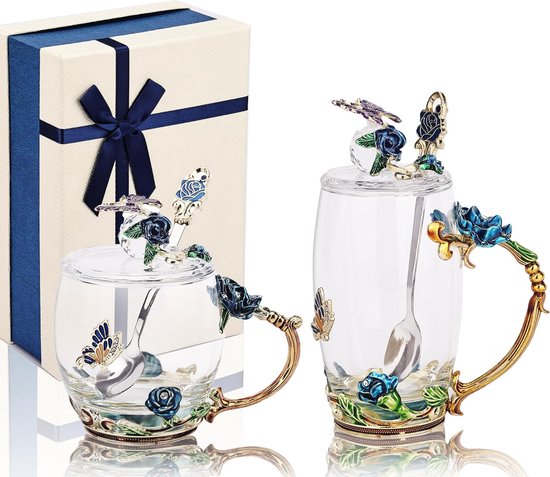 vlinder bloem glazen koffiemok met lepels en deksels, pak van 2 sets met geschenkdoos voor vrouw, moeder, grootmoeder, vriendin, zussen, Kerstmis, verjaardag (blauw)