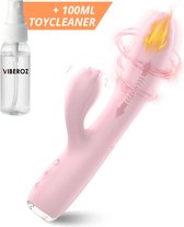 Viberoz Rozey – Vibrator – Sex Toys Voor Vrouwen - Clitoris en G-spot Stimulator – Rabbit Vibrators - 9 Trilfuncties - 9 Stootfuncties – Warmte Functie - Huidvriendelijke Siliconen - Toycleaner – Tarzan – Dildo - Roze