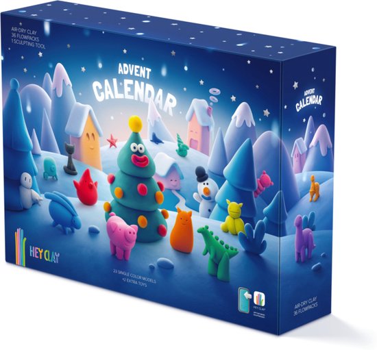 Adventskalender met winterlandschap en kerstboom, met diverse kleifiguren zoals een dinosaurus, varken, sneeuwpop en robot.