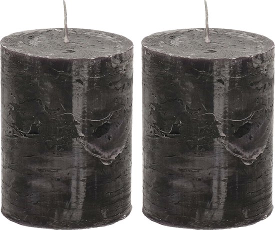 Stompkaars/cilinderkaars - 2x - zwart - 7 x 9 cm - middel rustiek model