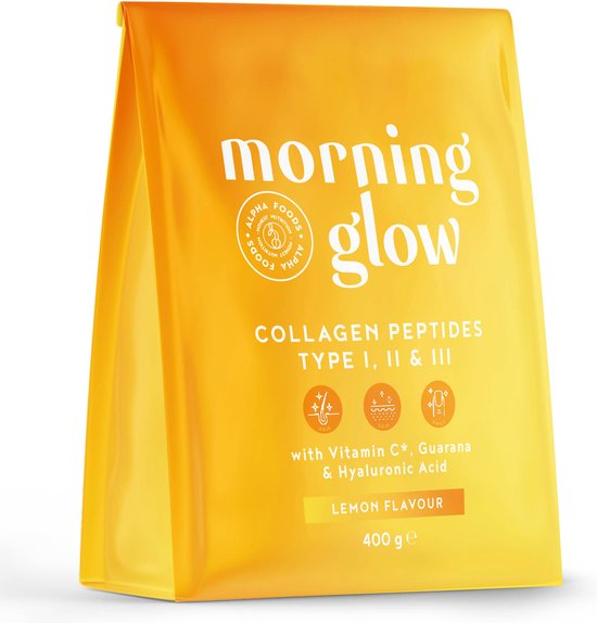 Collageen Poeder Morning Glow met Hyaluronzuur en Vitamine C - Citroen Smaak - Collageen Peptiden Poeder Type I II & III - Collageen Supplementen 400g - Alpha Foods