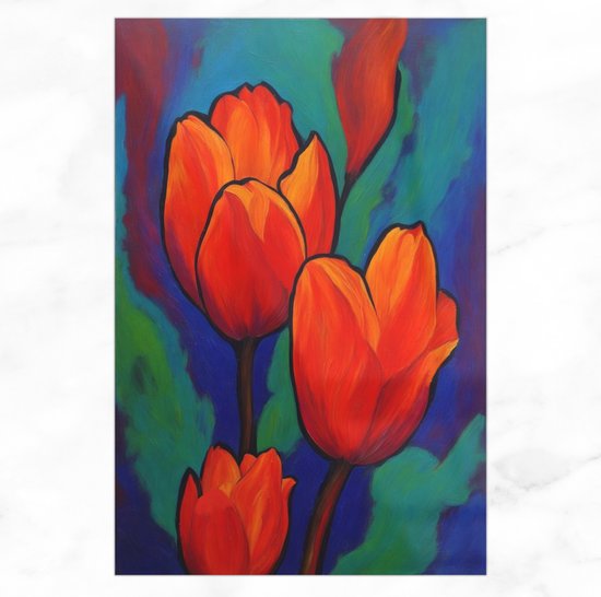 Plexiglas schilderij - Rode tulpen schilderij 80x120 cm - Schilderijen abstract - Eetkamer decoratie - Kantoor accessoires - Schilderijen woonkamer - Acrylaat