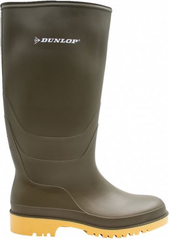 Olijfgroene Dunlop regenlaars met bruine zool, zijaanzicht.