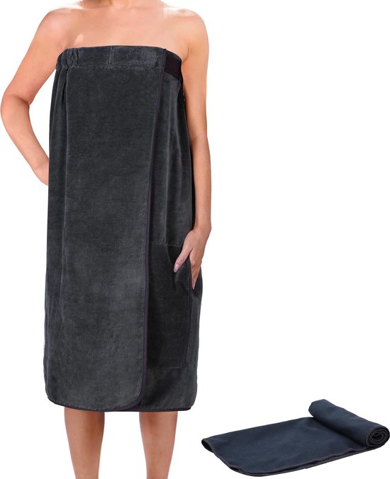 Saunakilt voor dames van katoen – saunakilt voor vrouwen in grijs – one size saunahanddoek met klittenbandsluiting 80 x 130 cm + plus: handdoek