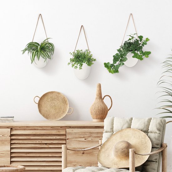 Gadgy Plantenhanger Keramiek - Set van 3 - Hangpot van Wit Steen - Hangende Bloempot Plantenpot - met 3 verschillende Koorden - 12x11x9.5CM