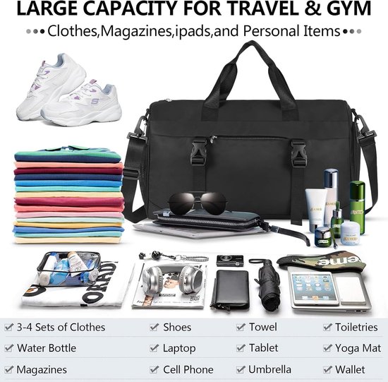 Sac de fitness pour hommes, noir, sac de sport, sac de sport, sac de sport avec compartiment à chaussures et compartiment humide, sac d'entraînement de fitness pour hommes et femmes, salle de sport/voyage/natation, 35 litres, noir