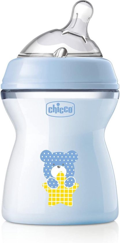 Chicco Natural Feeling Anticolic babyfles, 2 maanden + 250 ml, fles met zuignap van zachte en flexibele siliconen, geschikt voor gemengde borstvoeding, gemiddelde stroom, kleur lichtblauw 2+ m