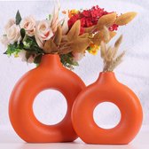 Oranje keramische vaas set van 2 - ronde bloemenvazen ​​van pampasgras voor moderne huisdecoratie, Boho Scandinavische minimalistische stijl voor woonkamer, keuken, eettafel, kantoor, middenstukken