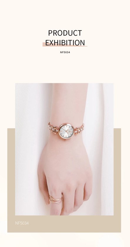 Montre NAVIFORCE avec diamants cristal, bracelet en acier or rose, cadran blanc, boîtier et aiguilles en or rose, pour femme qui a du style (modèle 5034 RGW)