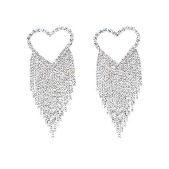 stylishious oorbellen hangers strass zilver hart met kwast voor dames en meisjes zilverkleurig