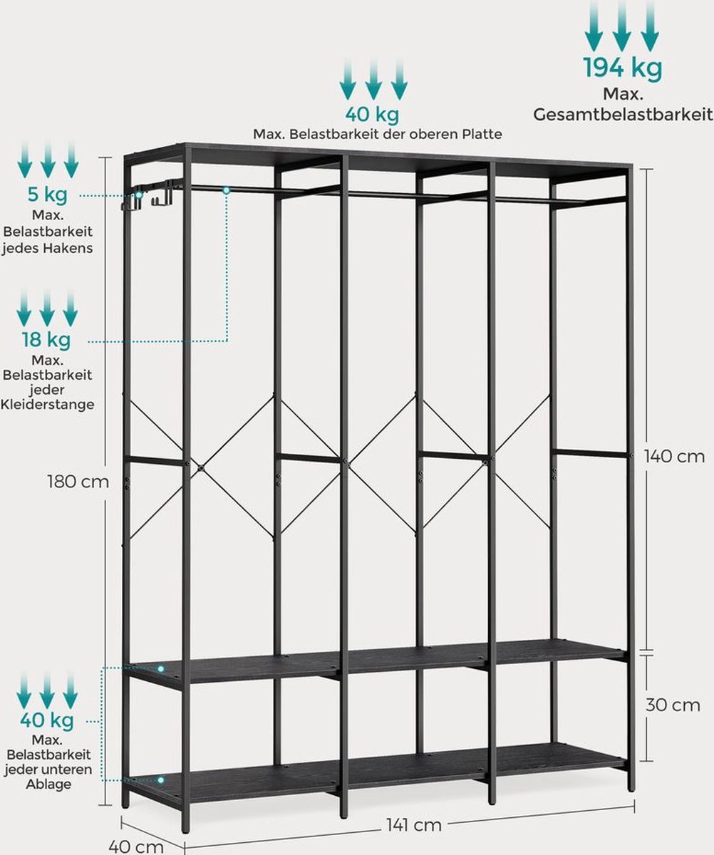 SONGMICS Kapstok, open kledingkast, met 7 planken, metalen structuur SONGMICS Kapstok, open kledingkast, met 7 planken, metalen structuur