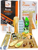 Sushi Set 14 Pieces - Bamboo Sushi Maker Kit Rolling Mat for Beginners - 2 Mats, 3 Pairs Chopsticks with Bag, Rice Spoon, Spreader, Rice Molder, Avocado Cutter with eBook
