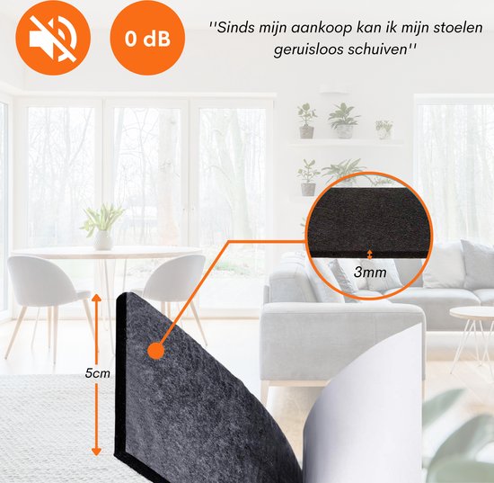 Een rol zwart vilt van 5 cm dik met een oranje pijl die de dikte van 3 mm aangeeft. Een tekstballon zegt: "Sinds mijn aankoop kan ik mijn stoelen geruisloos schuiven."