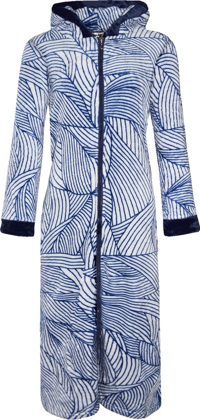 Dames badjas fleece benyson met capuchon en rits streep donker blauw 2XL/3XL valt als XL/2XL