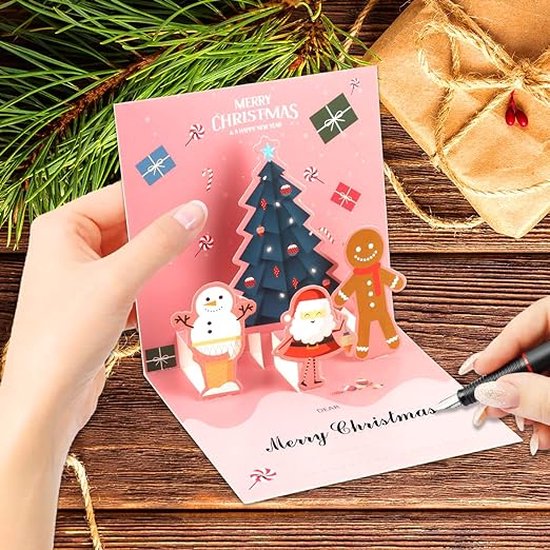 Kerstkaart 2025 met opdruk 'Dank u wel', pop-up 3D kerstkaart met envelop, 3D kerstgroetkaart