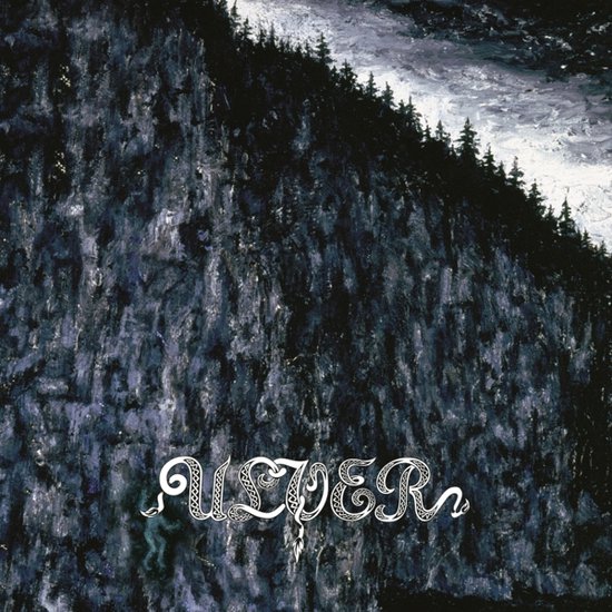 Albumcover met een gedetailleerde, rotsachtige bergwand met bomen op de top en de sierlijke witte tekst 'ULVER'.